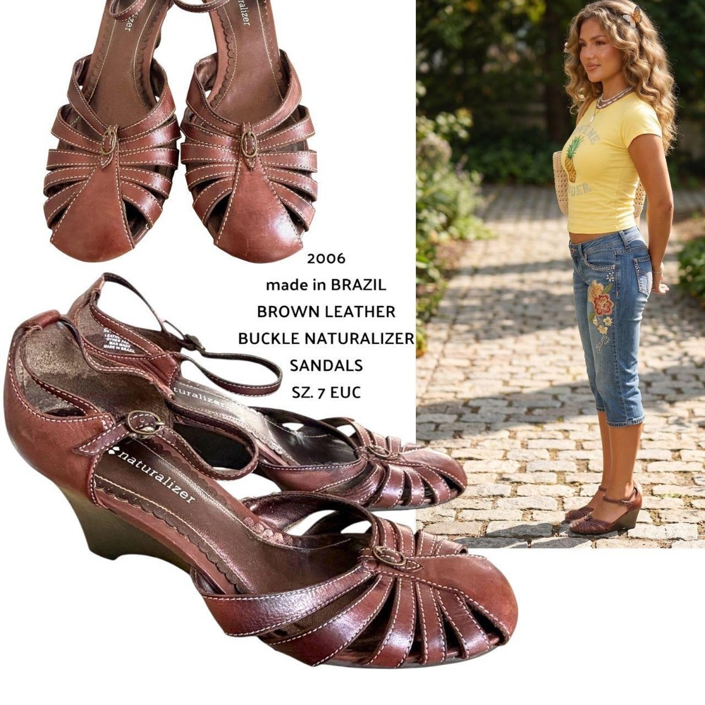 Vintage 2006 Naturalizer Brown Leather Buckle Sandals size 7 EUC